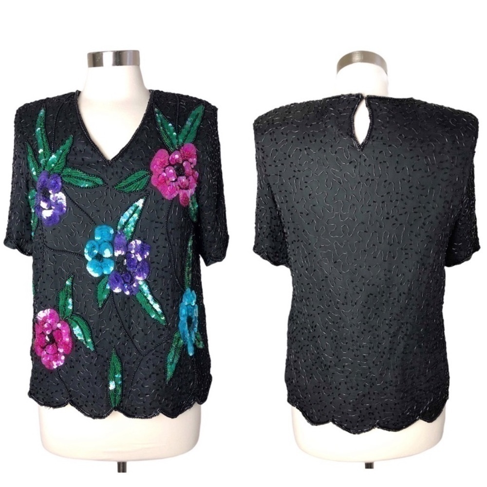 STENAY Vintage Silk Floral Sequin Beaded Blouse size L